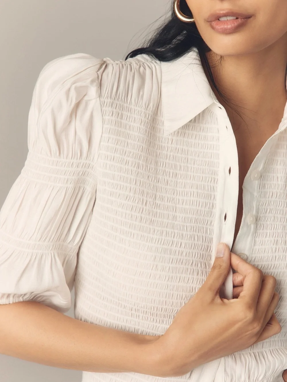 Anthropologie White Smocked buttondown Peplum Blouse